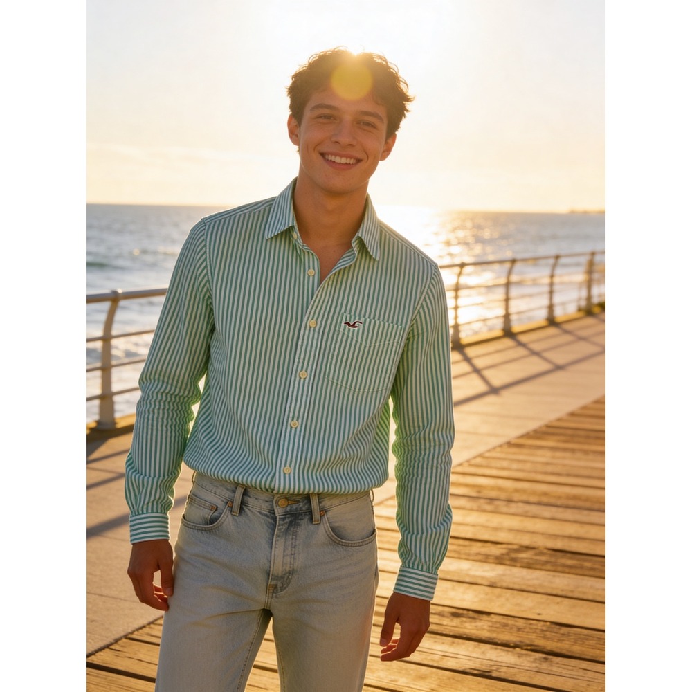 Hollister Mens Green White Striped Long Sleeve Button Down Shirt Small Cotton